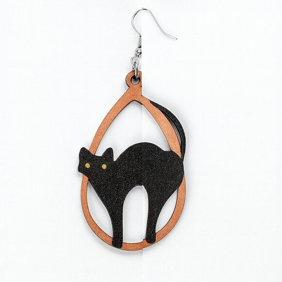 None Jewelry - Chic Wooden Black Cat Teardrop Dangle Earrings | Playful Whimsical